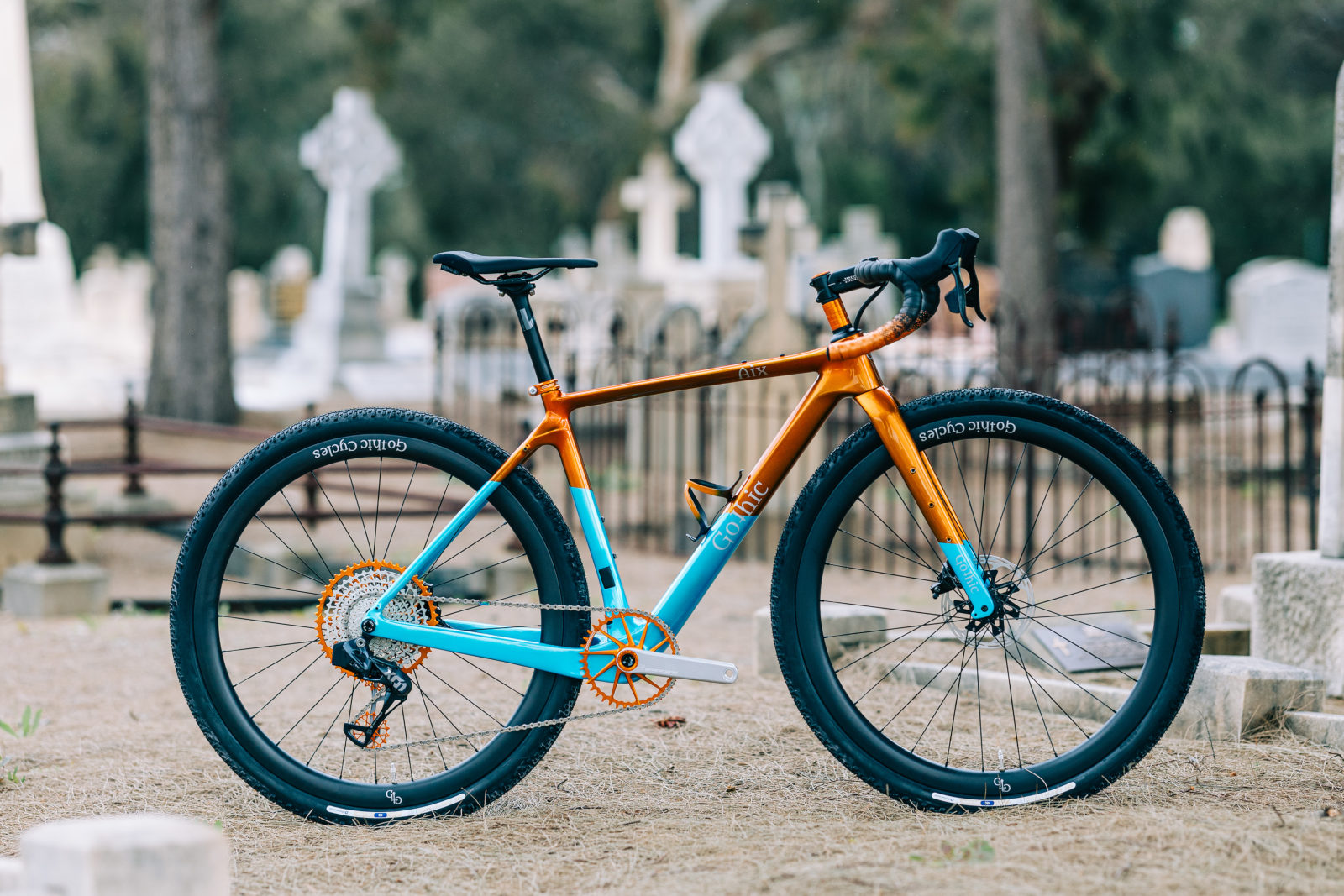 Gothic Cycles carbon gravel bike in blue and orange